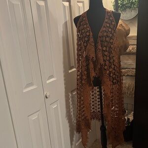 Ultra Pink Crochet Duster Vest in Warm Brown